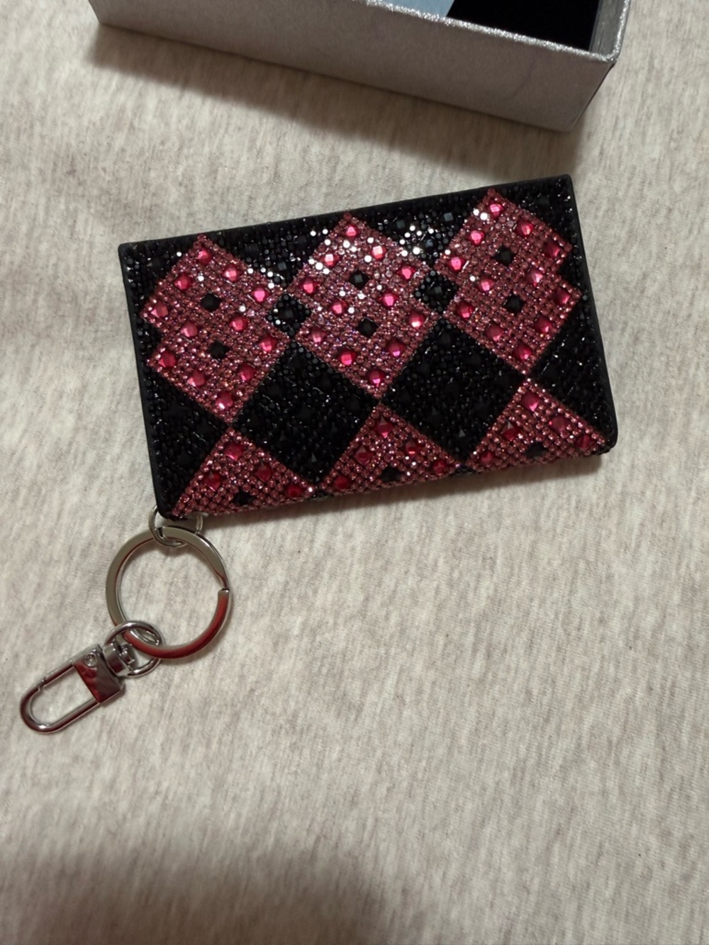 Crystal-Embellished Pink & Black Card Holder Keychain
